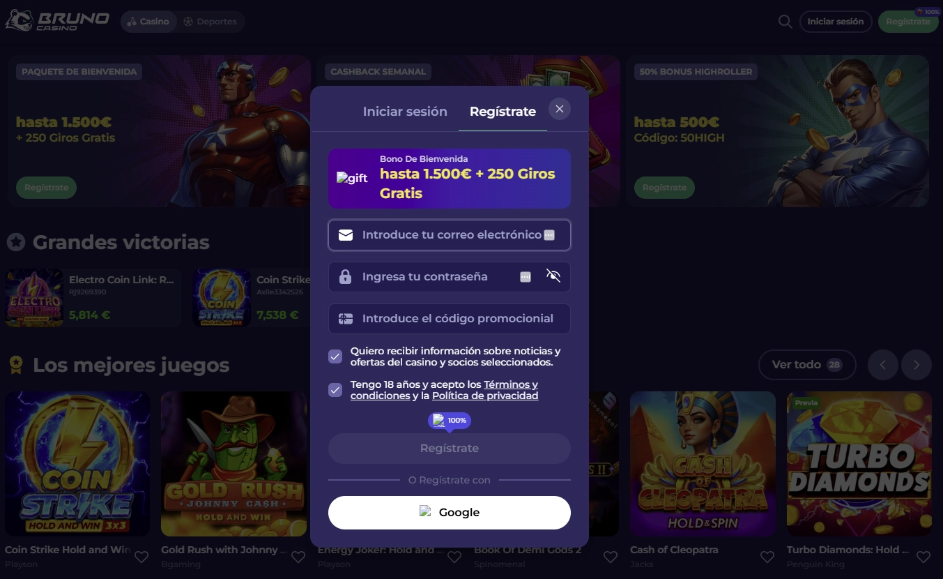 Processus d'inscription Bruno Casino